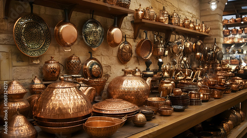 Copper Cookware: Aesthetic display of beautiful handcrafted copper pots and pans.    photo