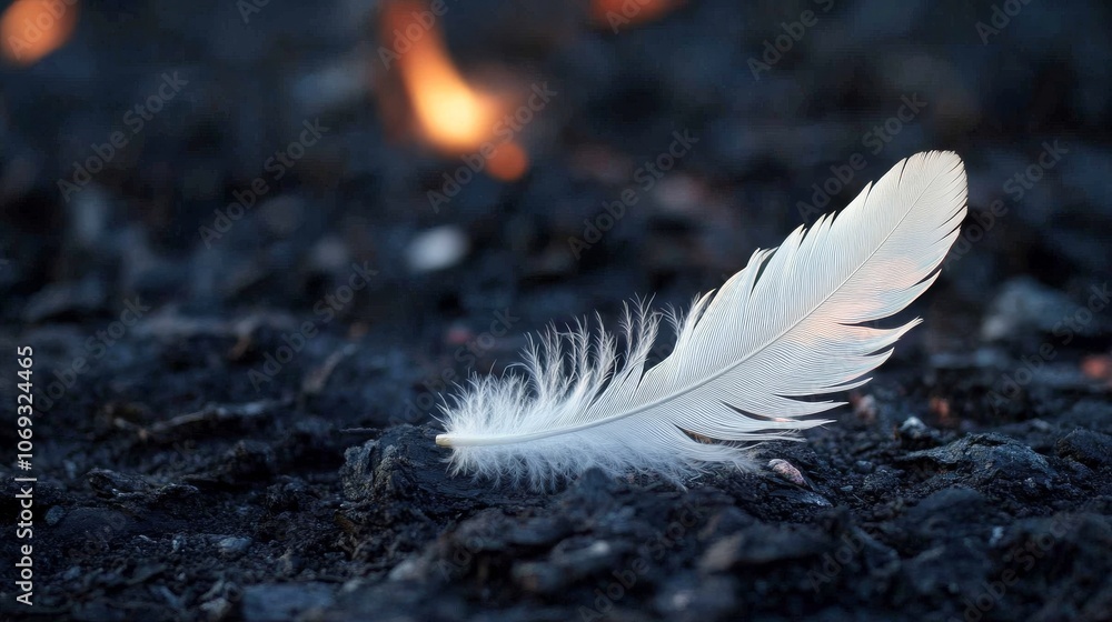 White feather on burnt ground, symbolic concept of resilience and hope White feather on burnt ground, symbolic concept of resilience and hope