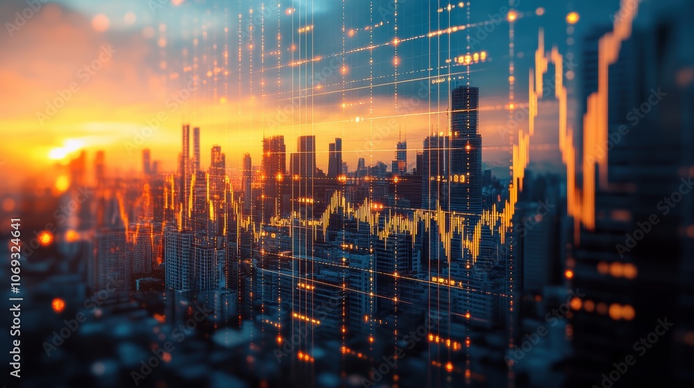Obraz premium Dynamic city skyline with financial data overlay at sunset, showcasing growth and innovation.