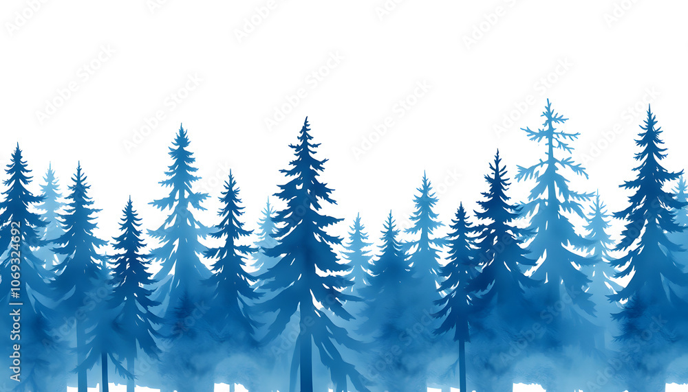 Fototapeta premium Seamless watercolor linear pattern, border. Blue spruce, pine, cedar, larch, abstract forest, silhouette of trees. On white isolated background, 8k unreal engine photorealism