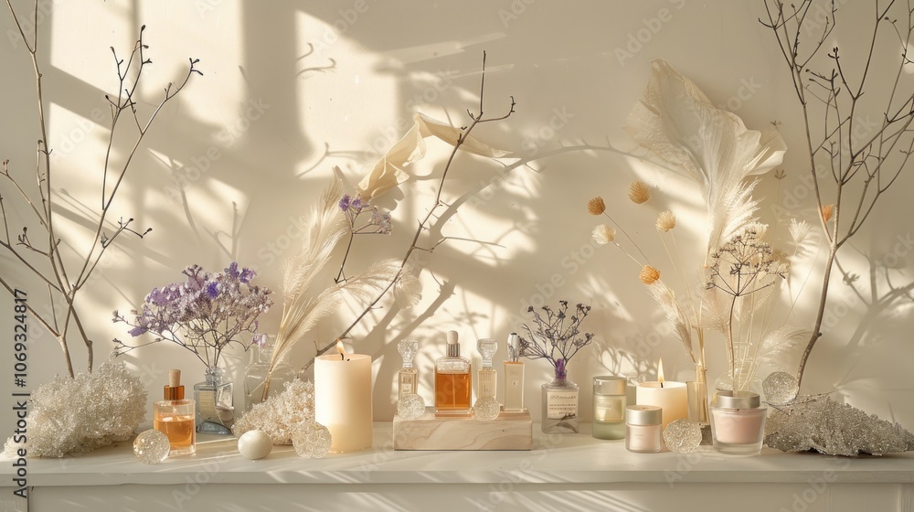 Candles and Flowers on a White Shelf Candles and Flowers on a White Shelf
