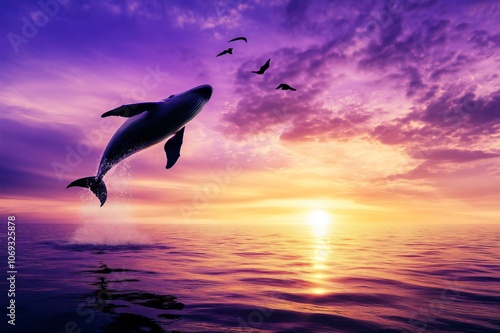 Humpback whale jumping out of the ocean at sunset with birds flying above