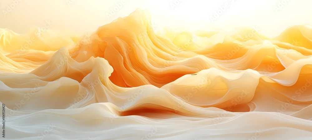 Fototapeta premium An ethereal landscape of flowing, soft waves in shades of warm peach and cream, evoking a serene and dreamlike atmosphere, bathed in golden light.