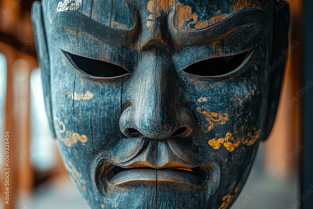 a Japanese wooden mask used in traditional Noh theater. a Japanese wooden mask used in traditional Noh theater.
