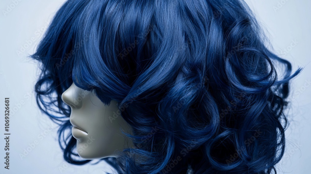 Curly dark blue wig displayed on a mannequin Curly dark blue wig displayed on a mannequin