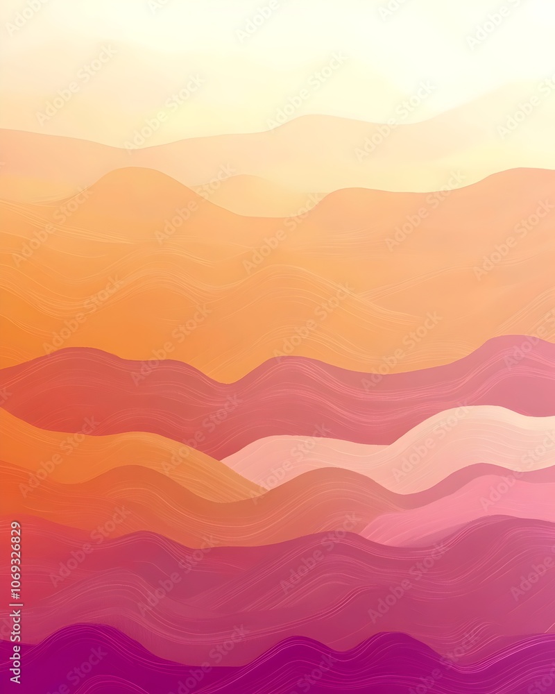 A serene abstract landscape featuring flowing waves in warm hues of orange, pink, and lavender that create a tranquil and soothing atmosphere. A serene abstract landscape featuring flowing waves in warm hues of orange, pink, and lavender that create a tranquil and soothing atmosphere.