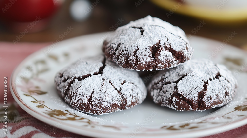 Chocolate cookies dusted with powdered sugar in a white bowl Chocolate cookies dusted with powdered sugar in a white bowl