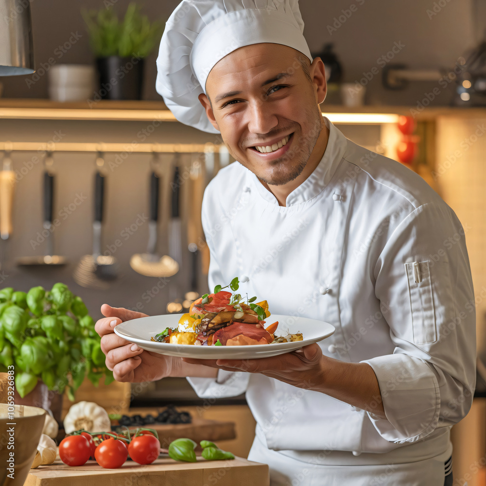 Happy Chef with Plated Dish in Stylish Kitchen Environment Happy Chef with Plated Dish in Stylish Kitchen Environment