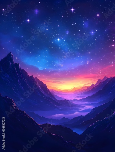 A breathtaking digital art piece depicting a vibrant twilight scene in a mountain range, featuring deep purples, blues, and a stunning sunset illuminating the horizon.