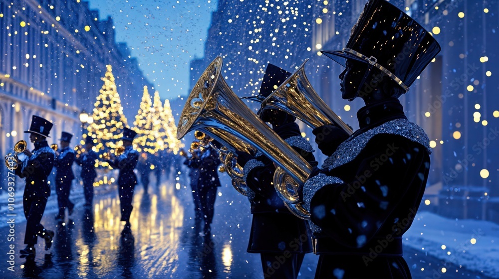Marching band performing in a snowy street with glowing Christmas lights and festive atmosphere