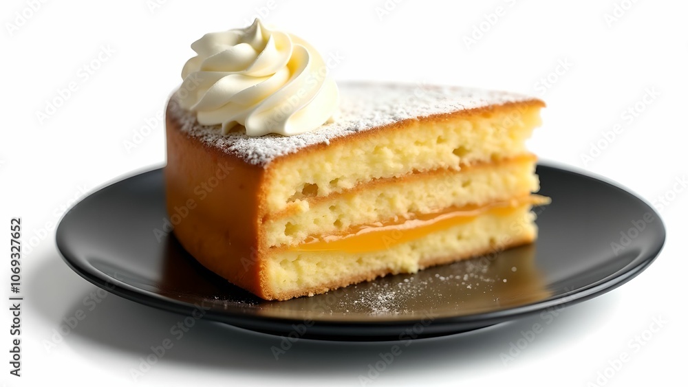 Slice of honey cake with layers of sponge cake and whipped cream on black plate on white background for food advertising. Slice of honey cake with layers of sponge cake and whipped cream on black plate on white background for food advertising.