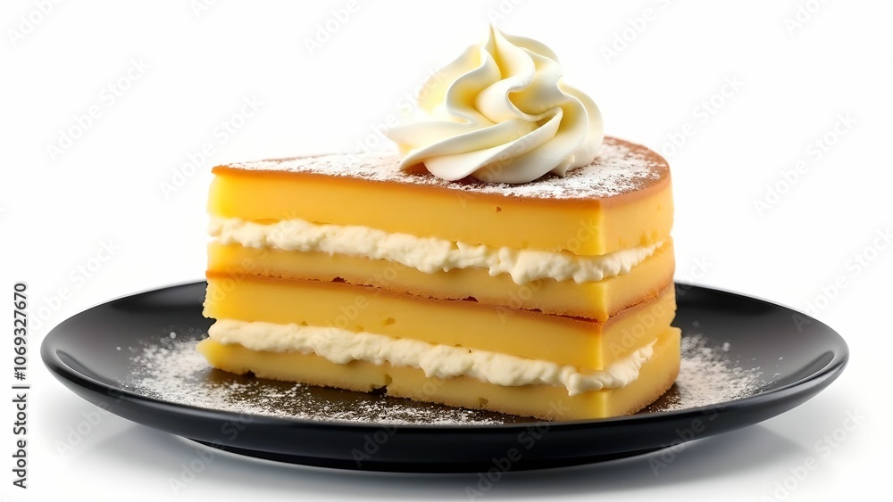 Slice of honey cake with layers of sponge cake and whipped cream on black plate on white background for food advertising. Slice of honey cake with layers of sponge cake and whipped cream on black plate on white background for food advertising.
