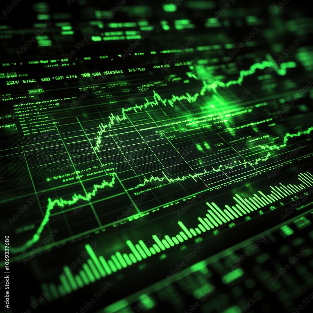 Dynamic green financial data analysis on a digital screen. Dynamic green financial data analysis on a digital screen.