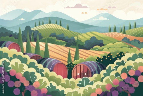 Scenic vineyard landscape with rolling hills and wine barrels