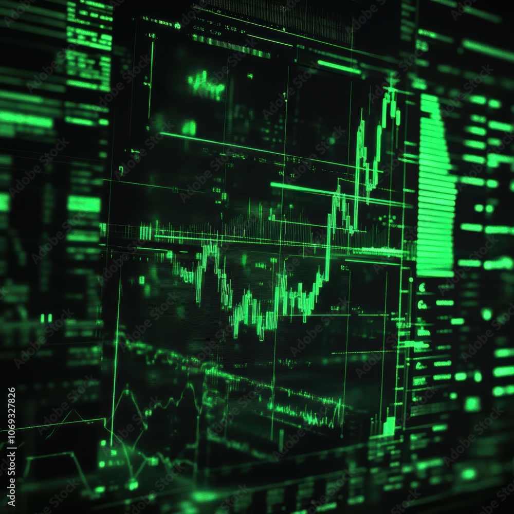 Abstract green financial data visualization with rising graph trends and digital elements. Abstract green financial data visualization with rising graph trends and digital elements.