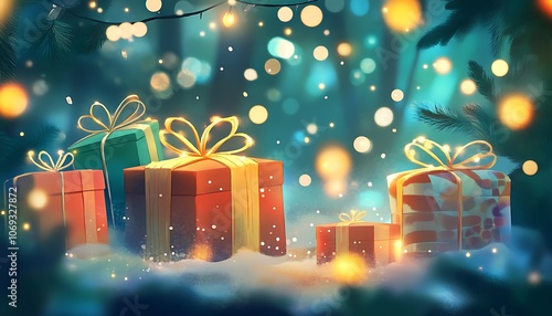 Cheerful holiday greeting with decorations, gift boxes, and sparkling lights.