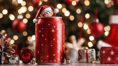 Obraz na płótnie Cute elf toy peeking from a red holiday-themed soda can with sparkling Christmas decorations
w salonie