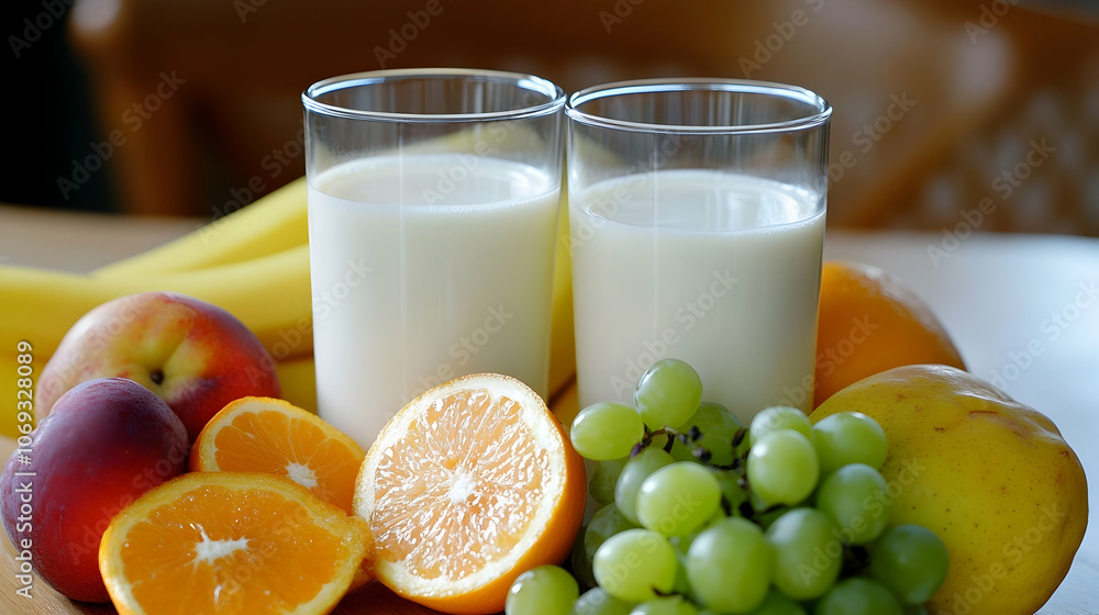 Fototapeta premium Healthy Fruits & Milk: Bright setup of fruits and milk, perfect for a healthy lifestyle. 