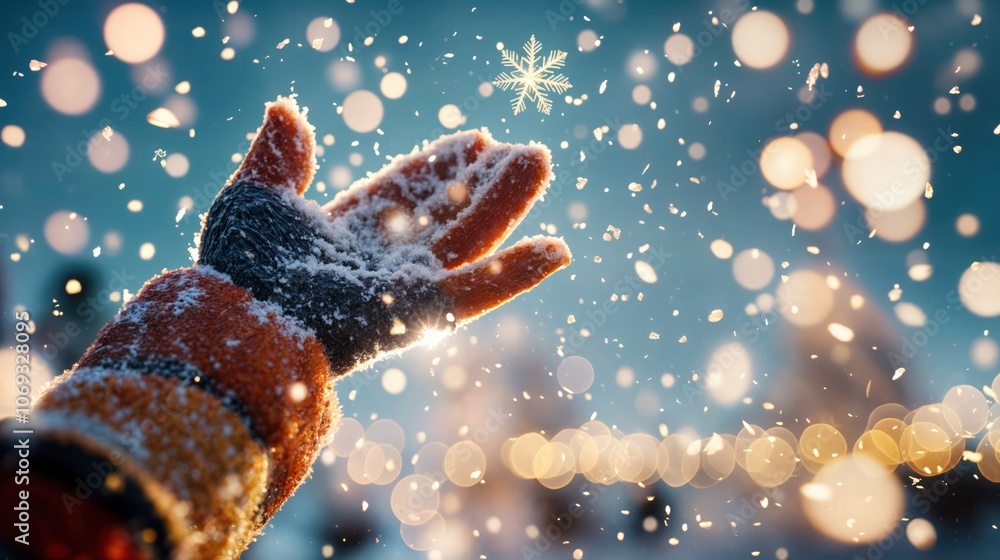 Gloved hand catching a delicate snowflake in the air with golden bokeh lights and snowy background