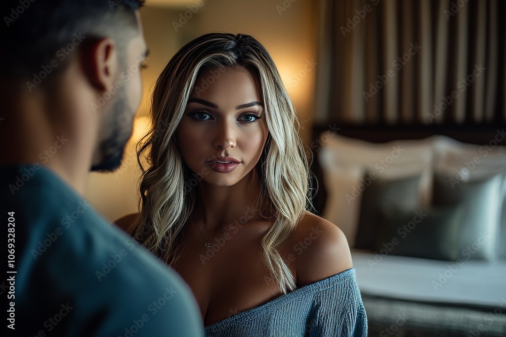 Beautiful woman looking at man in hotel room Beautiful woman looking at man in hotel room