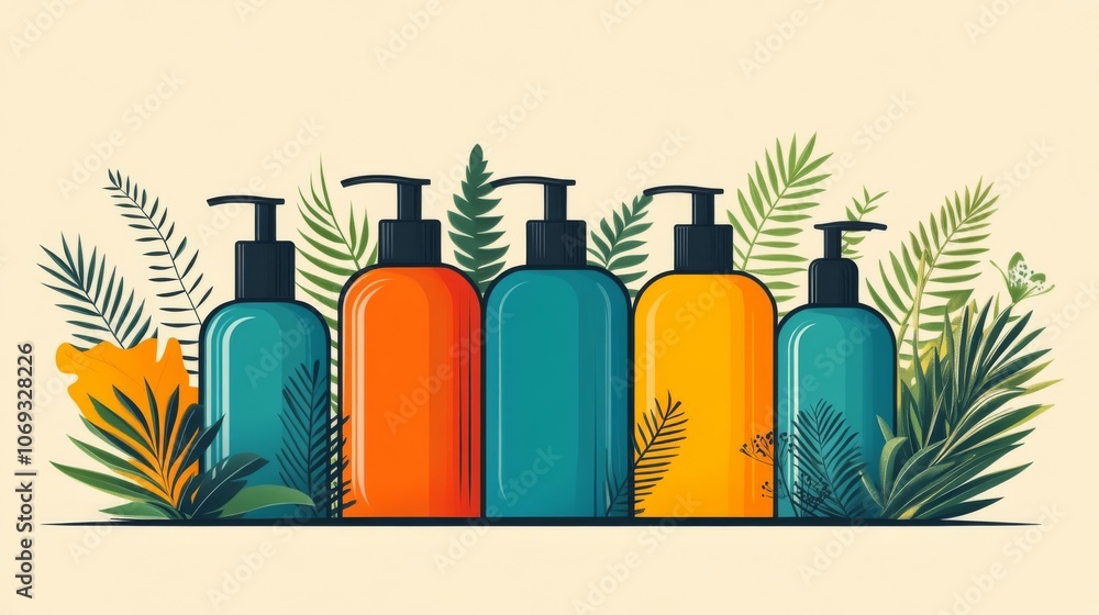Vibrant collection of colorful skincare bottles with tropical leaves and botanical elements symbolizing beauty wellness and vitality in a fun nature inspired design Vibrant collection of colorful skincare bottles with tropical leaves and botanical elements symbolizing beauty wellness and vitality in a fun nature inspired design