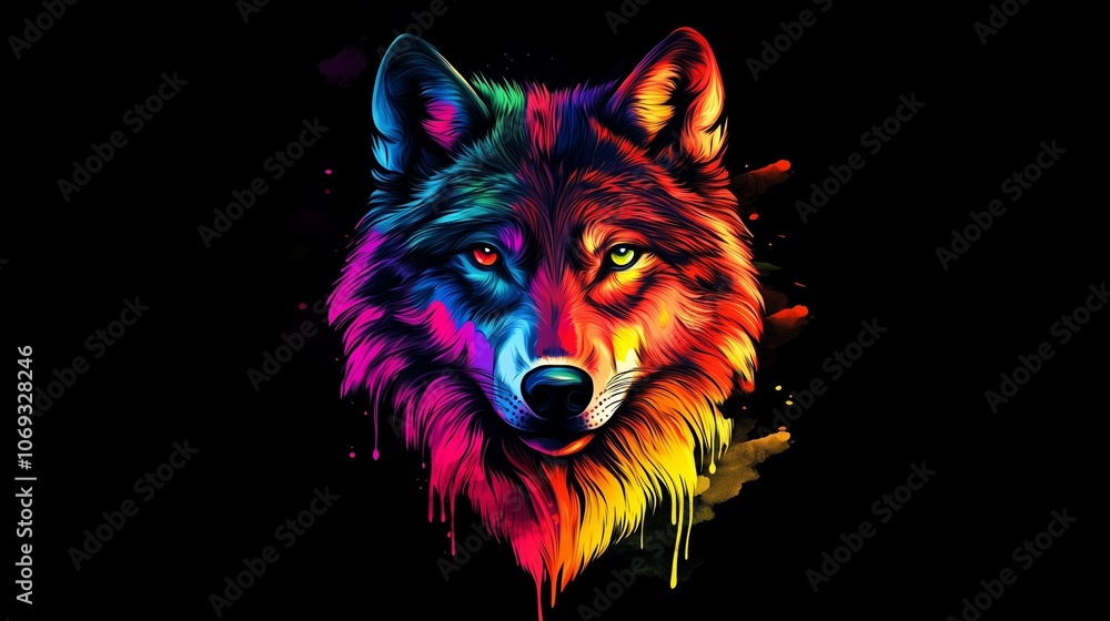 Vibrant and colorful abstract depiction of a wolf's face against a black background, showcasing artistic flair Vibrant and colorful abstract depiction of a wolf's face against a black background, showcasing artistic flair