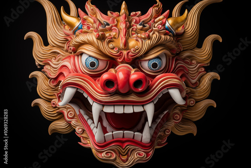 A striking and intricate dragon mask, symbolizing power and protection, against a dark backdrop. Perfect for cultural themes, art, and design projects.