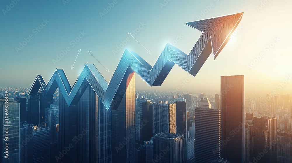 Stylized upward trend line over modern city skyline representing growth and progress. Stylized upward trend line over modern city skyline representing growth and progress.