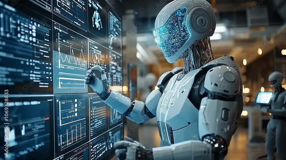 A humanoid robot interacts with a digital interface in a cutting-edge research lab A humanoid robot interacts with a digital interface in a cutting-edge research lab