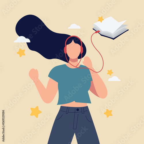 Flat Design Illustration of Woman Enjoying Audiobook, Wearing Headphones with Floating Book and Stars. Vector Art Representing Digital Learning, Audio Entertainment