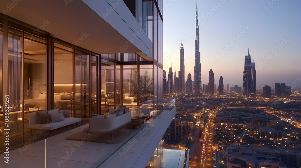 Obraz premium Luxurious Penthouse: Opulent penthouse with panoramic city views and elegant design.