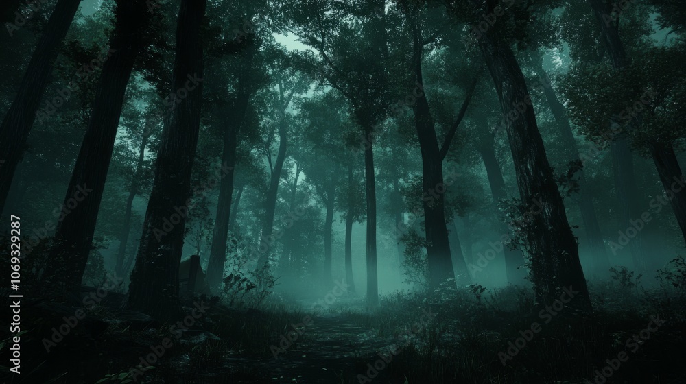 Obraz premium A dark and eerie forest scene set in Blackwood Forest, with tall, shadowy trees and a thick, ghostly fog creeping through the forest floor. The atmosphere is ominous, with shafts of pale light barely 