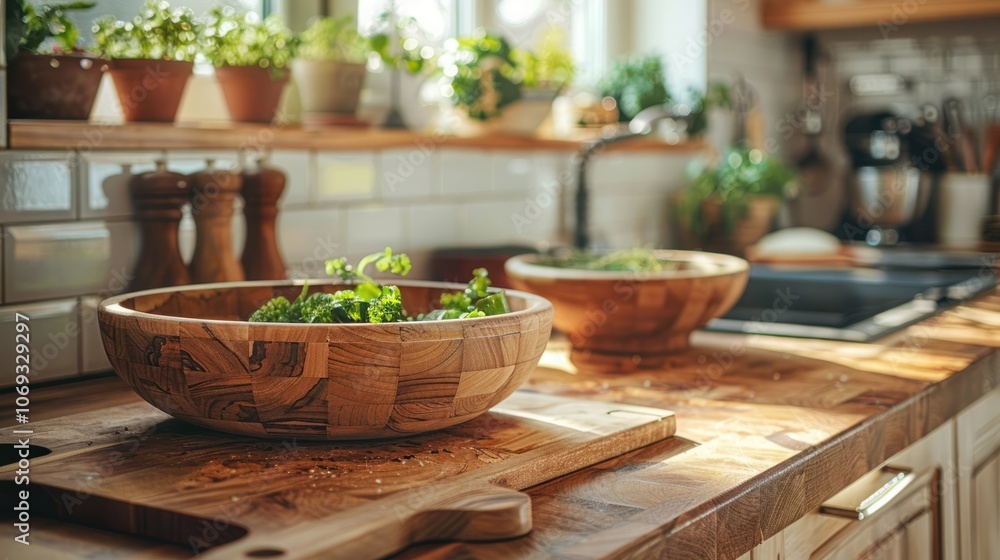 Wooden Bowl of Salad on Kitchen Counter Wooden Bowl of Salad on Kitchen Counter