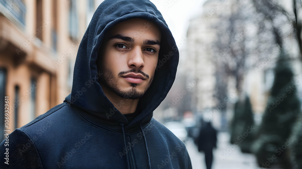 Man in Black Hoodie: Focused shot of a man wearing a black hoodie in an urban environment. Man in Black Hoodie: Focused shot of a man wearing a black hoodie in an urban environment.