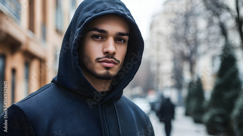 Man in Black Hoodie: Focused shot of a man wearing a black hoodie in an urban environment. 