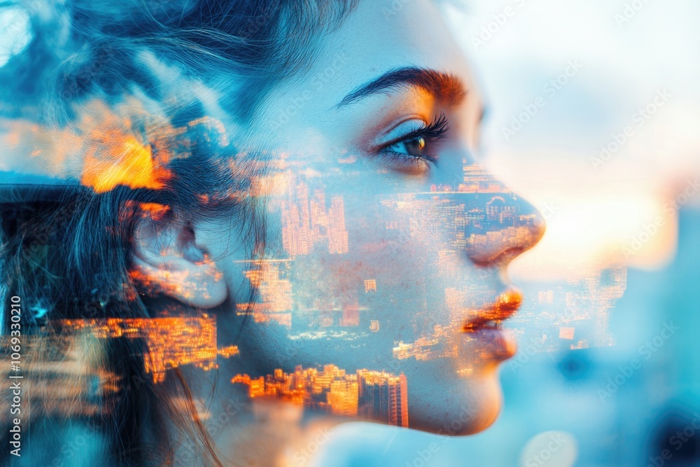 A woman stands looking out at a city skyline, possibly contemplating her future or enjoying the view A woman stands looking out at a city skyline, possibly contemplating her future or enjoying the view