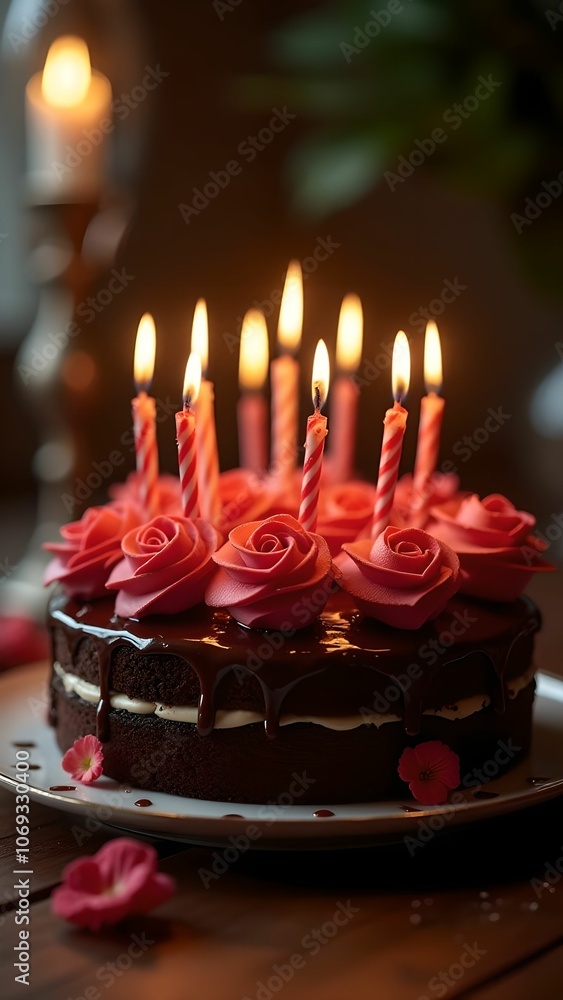 Festive cake with candles on top. Chocolate cake with roses Festive cake with candles on top. Chocolate cake with roses