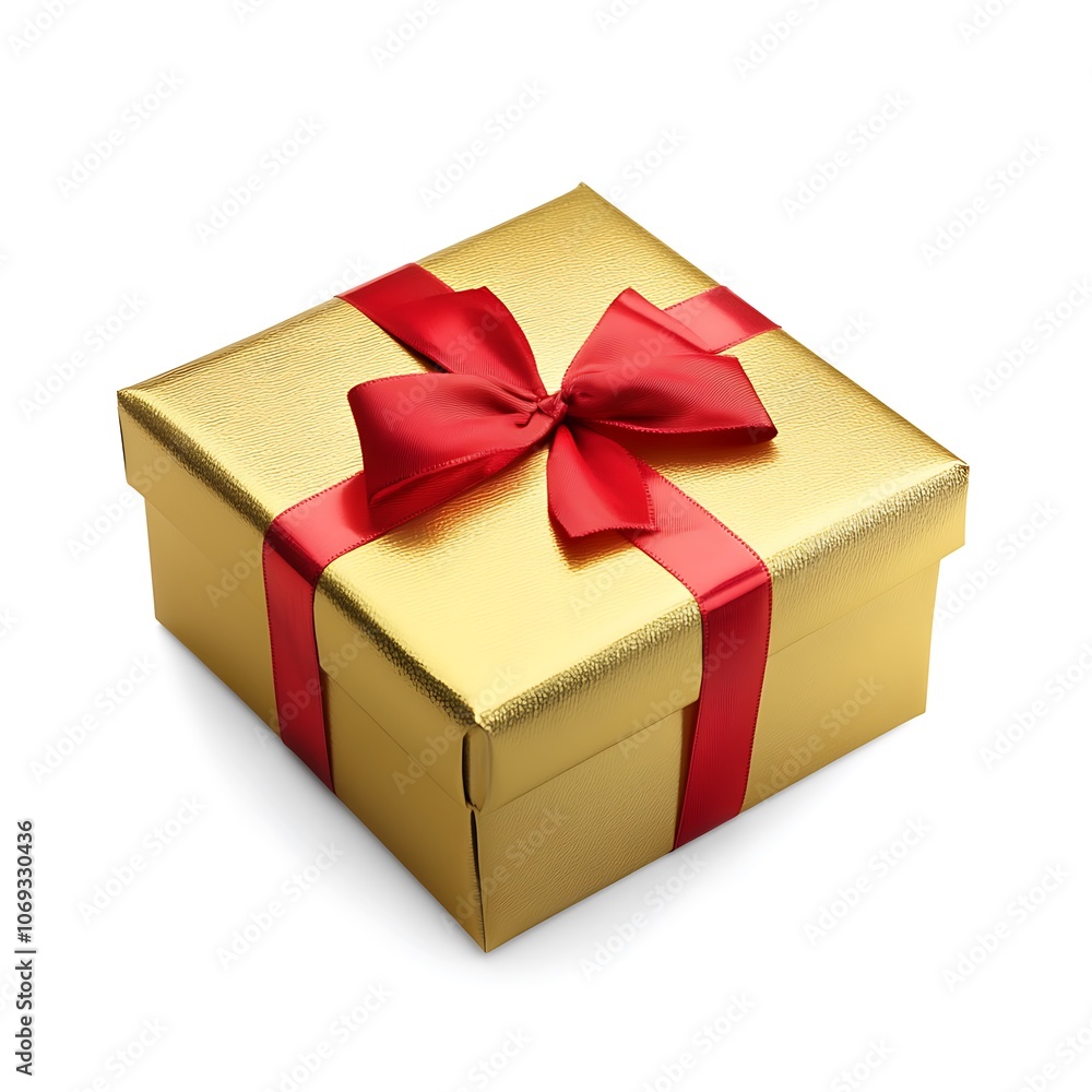 Fototapeta premium A gold gift box with a red ribbon bow.
