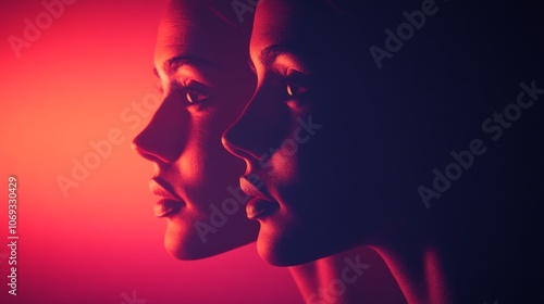 Bold silhouette of two women in dark red neon lighting symbolizing strength duality and introspection with a modern futuristic aesthetic