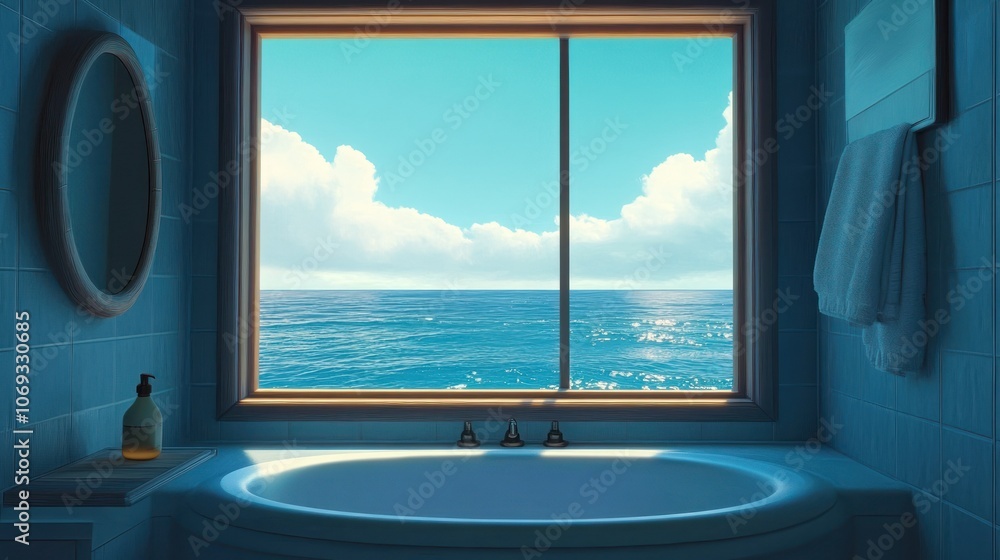 Fototapeta premium Serene Bathroom Overlooking Tranquil Ocean with Bright Blue Skies and Billowing Clouds
