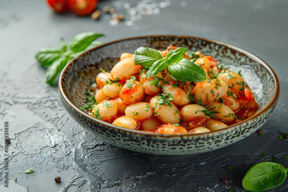 White beans in tomato sauce with fresh basil in decorative bowl on dark background. Overhead view food photography White beans in tomato sauce with fresh basil in decorative bowl on dark background. Overhead view food photography