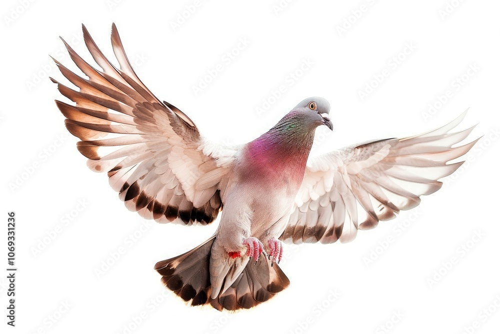 Fototapeta premium PIGEON IS Flying in the Air with Its Wings Spread Wide. The Bird detailed colorful near the white background