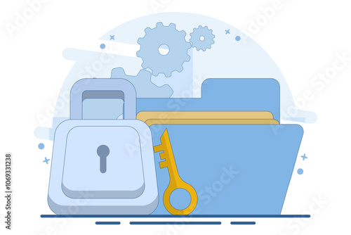 Data protection concept, data protection for personal privacy, data storage, information, protection, permission, rules, cyber safety and security. old giant file, key and lock.