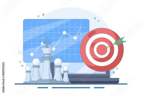 Strong business leadership concept, Line graph on screen and target board with bow and arrow with chess king and soldier on isolated background, Digital marketing illustration.