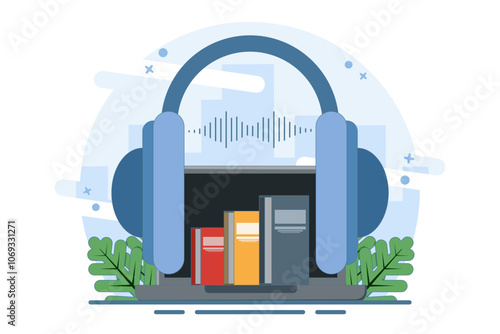 audiobook concept with headphones, flat cartoon headset with stack of online digital books, listening to podcasts or e-learning and learning ideas, education concept. Vector illustration.