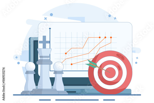 Strong business leadership concept, Line graph on screen and target board with bow and arrow with chess king and soldier on isolated background, Digital marketing illustration.