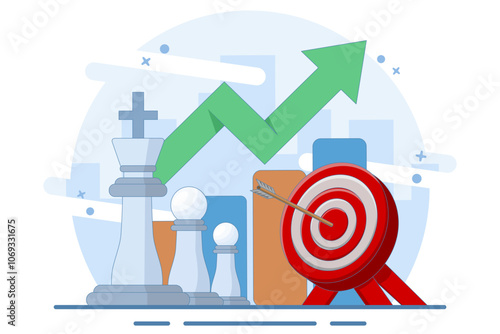 Strong business leadership concept, Line graph on screen and target board with bow and arrow with chess king and soldier on isolated background, Digital marketing illustration.