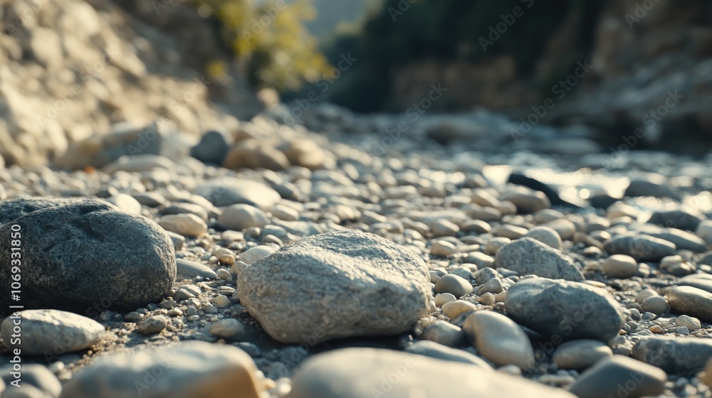 Coastal landscape with rocks and gravel on the shore, suitable for use in travel or outdoor-themed projects Coastal landscape with rocks and gravel on the shore, suitable for use in travel or outdoor-themed projects