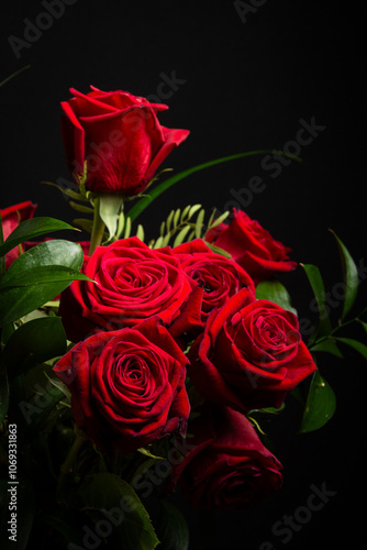 Wallpaper Mural View of a bouquet of red roses with green leaves, black background, vertical, with copy space Torontodigital.ca