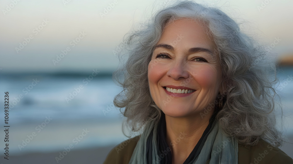 Senior Woman at the Beach: Beautiful older woman with grey curly hair smiling at the beach. Senior Woman at the Beach: Beautiful older woman with grey curly hair smiling at the beach.
